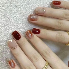 Extra Short Press on Nails Square Fake Nails Amber Tint Glue on Nails Golden Glitter False Nails Press ons Caramel Glossy Acrylic Stick on Nails for Women Girls 24 Pcs