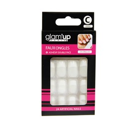 Glam'Up Paris - False Nails - Full Cover - Easy to Use - 24 False Nails per Box + Double Sided Tape - Square Shape XL - No. 3 - French Manicure - White