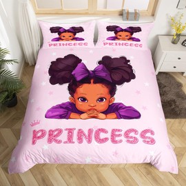 Manfei Princess Girls Duvet Cover Set Single Size, African American Black Girl Bedding Set for Kids Bedroom Decor, Cartoon Pink Crown Stars Comforter Cover, Soft Polyester Quilt Cover, 1 Pillowcase