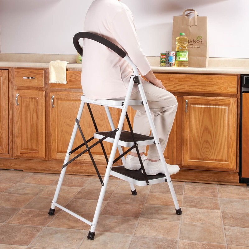 LivingSURE 3 Step Ladder Stool Combo with Handgrip, Anti-Slip Folding