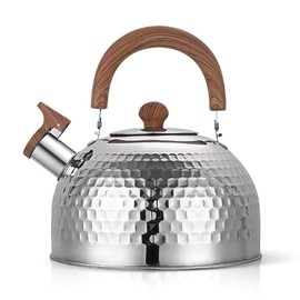 Tea Kettle, Food Grade Stainless Steel with Wood Pattern Folding Handle, Whistling Kettle for Induction, Gas, and Electric Stovetops (2 liters)