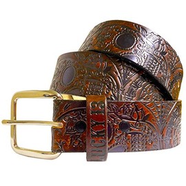 Lucky 13 Men's Dead Skull Embossed Leather Belt Antiqued Brown L