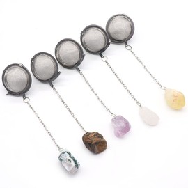 5 filtros de té de acero inoxidable con piedra energética de cristal, coladores de té con gancho de cadena de malla fina, infusor de bola de té para hojas de té sueltas y especias condimentos