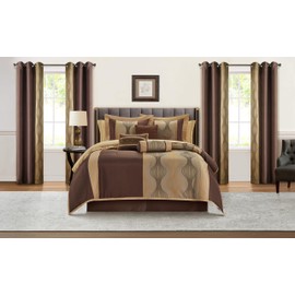 Stratford Park Elegant Brown Comforter Set Califirnia King Size, Striped,15 Piece Room-in-A-Bag, Jacquard Bedding Set, All Season, Matching Decorative Pillows, Pillow Sham, Curtains