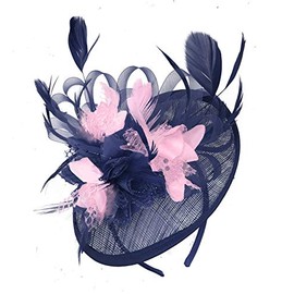 Caprilite Navy Blue and Baby Pink Sinamay Disc Saucer Fascinator Hat for Women Weddings Headband
