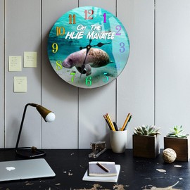 Wall Clock Glass Manatee Decorative 13 Inch Beach Theme Perfect Decor for Kitchen Bathroom Office Rustic Battery Operated Clocks Great Nautical Theme for Bedroom Ocean Decoration Ticking Tropical