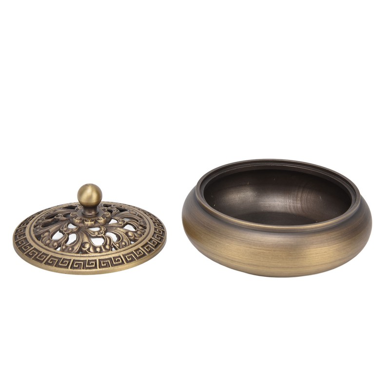 Antique Incense Burner Brass Holder with Lid Fireproof Cotton Interior