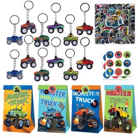 Philoctes Pack of 92 Truck Party Bags Children's Birthday Boy Mini Toy Includes Monster Truck Gift Bags Key Ring Stickers for Truck Birthday Party Favours