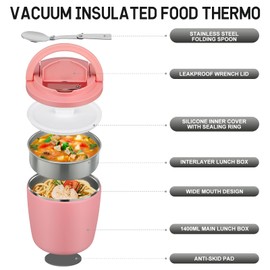 Thermal Food Container, 1400 ml, Stainless Steel Thermal Bowl with Lid, Thermal Lunch Box with Buckle Lid and Spoon, Warming Container, Food Leak-Proof for Soups, Porridge, Baby Porridge, Pink