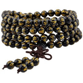 Shanxing 6mm Black Agate Crystal 108 Prayer Beads Mala Wrap Bracelet for Men Women, Black Worry Beads Healing Crystal Bracelet Tibetan Buddhist Jewellery Gift Buddha Reiki Necklace, Six Words Mantra