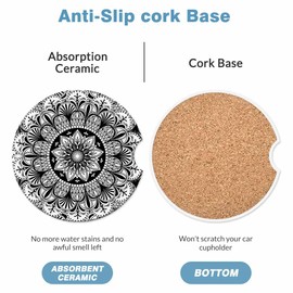 Flower Black Car Cup Holder Coaster 2 Pack Absorbent Ceramic Car Coasters for Cup Holders Car Accessories Interior for Women Men Universal Anti Slip Cork Base Cup Coasters with Finger Notch