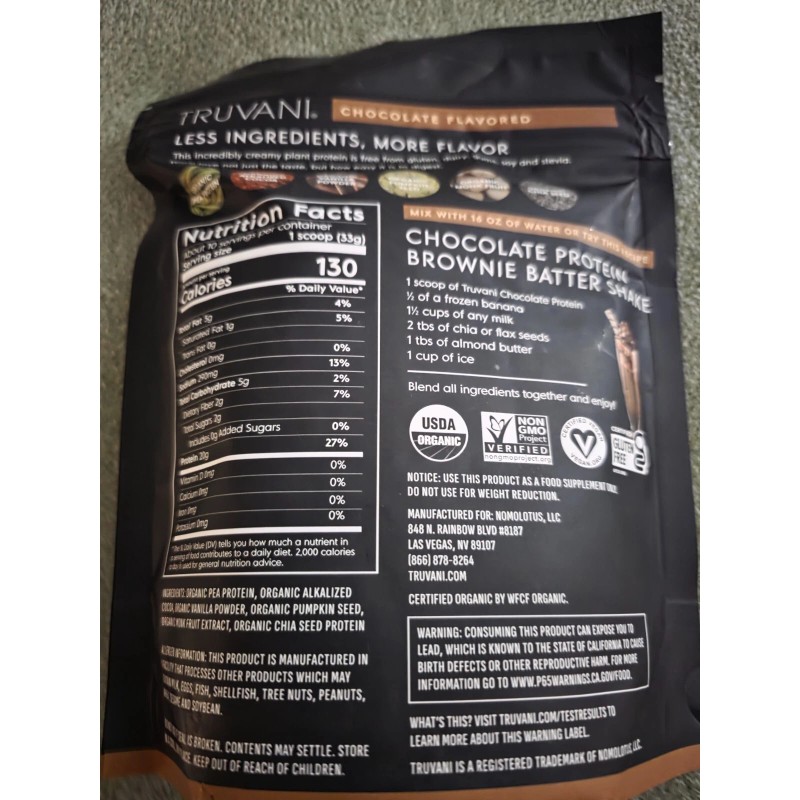 Truvani Certified Organic Plant Based Protein Chocolate 11.82 oz 11/26