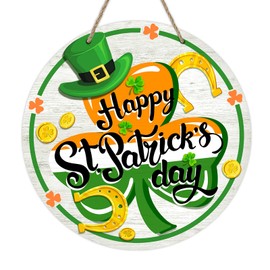 Deroro Happy St Patricks Day Front Door Sign, Orange Shamrock Clover Horseshoe Wood Door Hanger Outdoor Outside Porch Decor, Spring Irish Farmhouse Wooden Wreath Indoor Wall Hanging Decoration