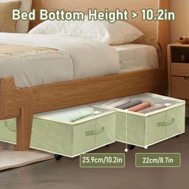 KaloKalo 2PCS Under Bed Storage Bins with Wheels Clear Lids 10 inches High Fabric Underbed Storage Containers Boxes Baskets 57L Extra Large Rolling Organizers Drawers for Clothes Sheets (Light Green)