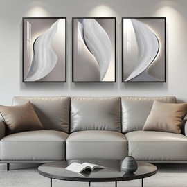 Framed Large Modern Abstract Wall Art for Living Room, Black and White, Grey Wall Decor, Bright Style 3 Piece Artwork for Walls, Canvas Paintings Pictures for Bathroom, Dining, Office, 20x30 Inch
