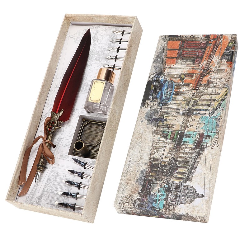 Feather Pen Set Vintage Creativity Ink Carving Writing Suit for