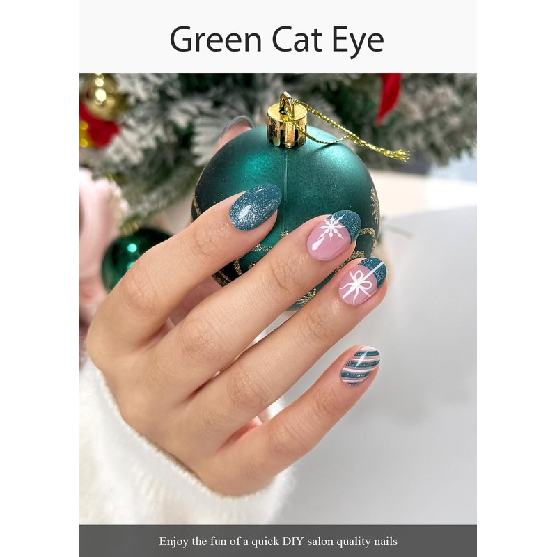 AutyaMee Semi Cured Gel Nail Strips (Green Cat Eye), Christmas