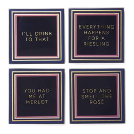 Trina Turk Glass Drink Coasters, Set of 4 Absorbent Beverage Coasters with Elevated Rim & Fun Phrases, Use for Tabletop Protection, Pillar Candle Holder or Small Planter Plate, 4x4” Square