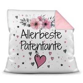 Cushion with Cushion Filling with Saying "Allerbeste Patentante - Best Gift Idea for Family and Friends" - Colour Cushion Back Pink