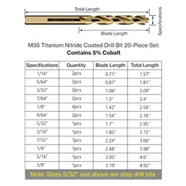 M35 Cobalt Drill Bit Set for Metal (1/16"–3/8"), Includes Step Drill Bits for Enlarging Holes – 20 PCS