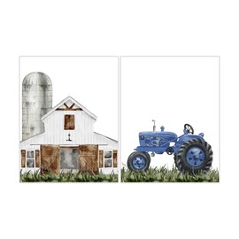 Barnyard Rustic Farm Nursery Decor Set of 2 Unframed Farmhouse Prints Watercolor White Barn Grain Silo Blue Tractor