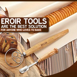 EROIR Danish Dough Whisk and Bread Lame Set - 13 Inch Dutch Bread Whisk - Bread Lame Dough Scoring Tool with 10 Razor Sharp Blades and Leather Cover