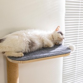 Wall Mounted Cat Tree with Grey Felt, 4 Rotating Platforms & 2 Fuzzy Balls, Adjustable Cat Wall Shelves for Indoor Climbing, Scratching and Play