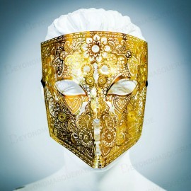 Masquerade Mens Metal Bauta Venetian Laser-Cut Filigree Metal Masquerade Mask [Gold]