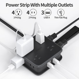 NTONPOWER Flat Plug Power Strip, 5 ft Extension Cord with 8 Widely Outlets and 3 USB Ports, 3 Side Outlet Extender, Wall Mount, Overload Potection, Compact Power Strip for Home, Dorm Room Essentials