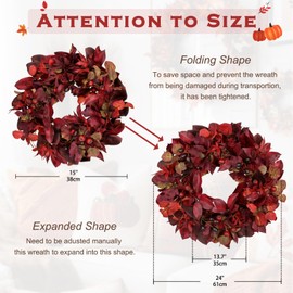 24 lnch Artificial Fall Wreath for Front Door, Large Autumn Wreath with Maple Bay Grape Leaves Berries Fall Door Wreaths for Indoor Outdoor Farmhouse Home Porch Wall Window Thanksgiving Wedding Decor