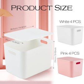 Hoolerry 8 Pieces Colorful Storage Bins with Lid, Plastic Storage Basket Organizing Container Stackable Box with Handle for Shelves Desktop Playroom Office(14.2 x 10.2 x 9.5 Inch,White and Pink)