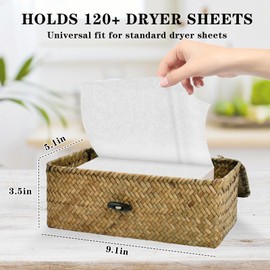 SULICRE Dryer Sheet Holder, Woven Seagrass Dryer Sheet Container with Lid, Farmhouse Dryer Sheet Box Decor, Dryer Balls Dispenser for Laundry Room Organization and Storage-Natural Color