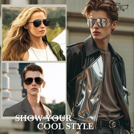 CGID Men's Aviator Sunglasses Polarised Aviator Mirrored Women's Metal Frame UV400 Protection, H Black Grey