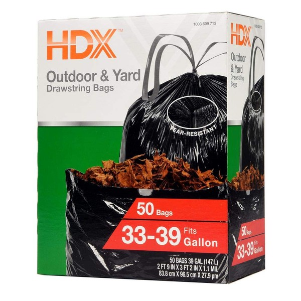 HDX 33 Gal. - 39 Gal. Black Drawstring Outdoor and Yard Trash Bags (50-Count)