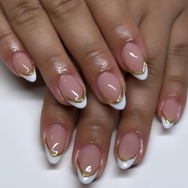 Almond Press on Nails Medium Fake Nails White French Tip False Nails with Gold Line Design Glue on Nails Glossy Full Cover Stick on Nails Elegant Acrylic Nails for Women Manicure 24Pcs