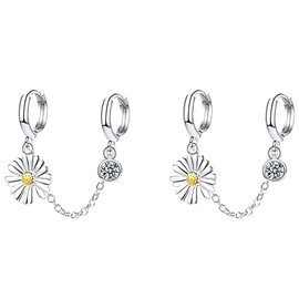 Pendientes de aro pequeños con diseño de girasol, con dos agujeros, con circonitas cúbicas, para cartílago, doble piercing, chapado en oro blanco, para colgar en la espalda, para mujeres, niñas, hijas, fiestas de cumpleaños