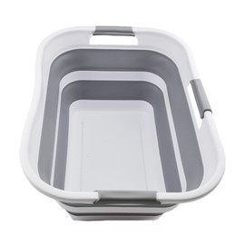 SAMMART 30L(8 gallon) Collapsible Plastic Laundry Basket - Foldable Pop Up Storage Container/Organizer - Space Saving Hamper/Basket - Water Capacity 24L(6.3 gallon) (1, White/Grey/White)