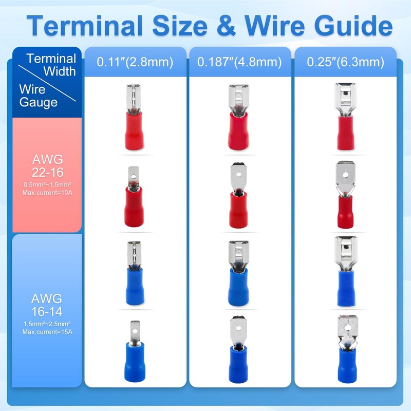 Baomain 0.11" Female & Male Spade Connectors 22-16 AWG Insulated