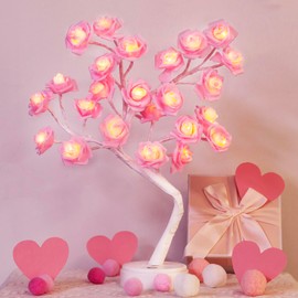 EAMBRITE Rose Flower Lamp, Rose Tree Lights Pink Room Decor for Valentine's Day, USB/Battery Operated 18" 24 LED Artificial Flower Night Light for Table Home Wedding Bedroom Decorations Mother's Day