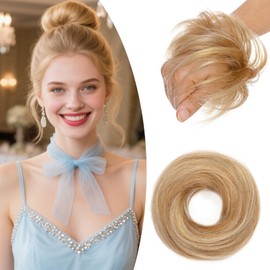 SEGO Human Hair Messy Bun Hairpieces Real Scrunchies Smoothed Updo Donut Chignon Wavy Ponytail Extensions for Women Girls,#12P613 Golden Brown&Bleach Blonde