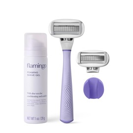 FLAMINGO 5-Blade Razors for Women - 1 Razor Handle + 1oz Foaming Shave Gel + 1 Shower Holder - Lilac