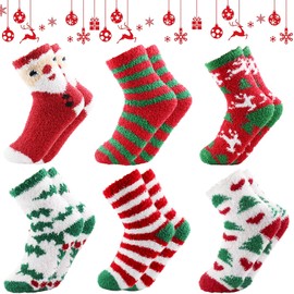 TaimeiMao Christmas Socks 6 Pairs, Christmas Socks Women, Fluffy, Cuddly Socks, Christmas Socks, Gift, Bed Socks, for Fireplace, Decoration, Red