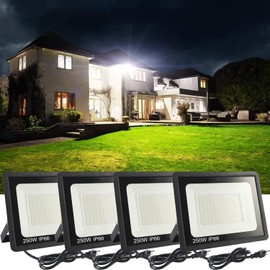 MUCLUD 4Pack LED Flood Light Outdoor,250W LED Work Light 25500lmwith 6FT US Plug,IP66 Waterproof Exterior Security Lights,6000K Daylight White Outside Floodlights Slim Design for Playground Yard