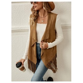 Verdusa Women's Fringe Vest 70s Hippie Sleeveless Western Faux Suede Cardigan Outerwear Brown X-Large