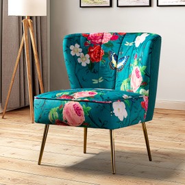 TINA'S HOME Accent Chair with Golden Metal Legs, Comfy Tufted Wingback Living Room Chair Floral Fabric Small Armless Side Chair, Upholstered Slipper Chair for Bedroom, Reading Room (Flower Print&BLUE)