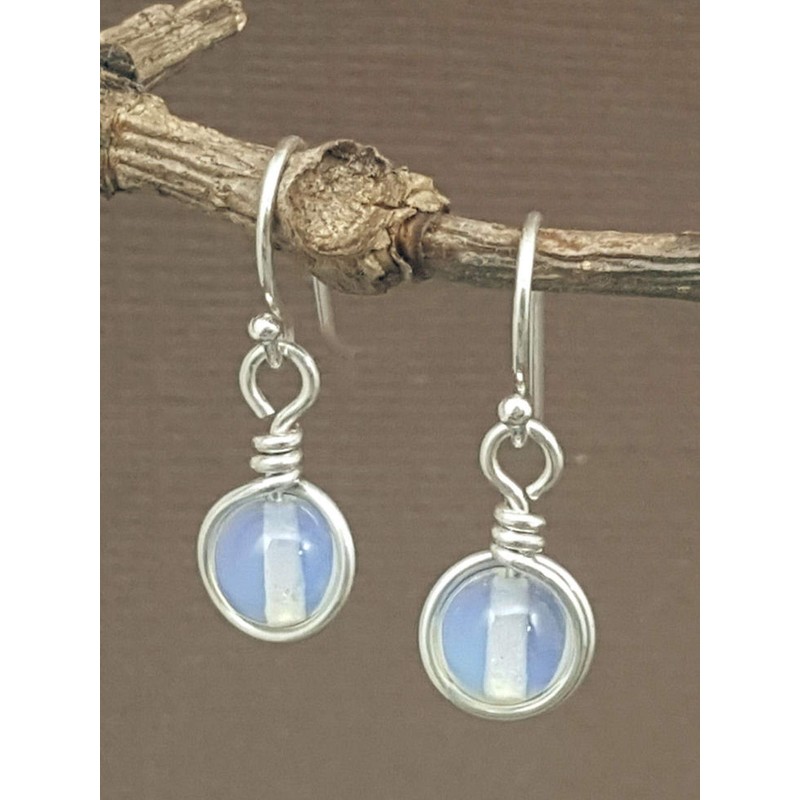 Sterling Silver Opalite Iridescent Glass Dangle Drop Earrings