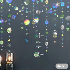 DazzJoy Paper Garland Stars, 4 m x 3 Glitter Hanging Garland Birthday, Birthday Decoration, Colourful, Disco Ball Decoration, Round and Star Garlands for Party Decoration, Anniversaries, Wedding