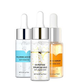 Hyaluronic Acid Serum + Vitamin C Serum + Six Peptides Gold 24 K, Face Serum Anti-Ageing Anti-Wrinkle with Organic Ingredients to Stimulate Collagen, Reduce Wrinkles and Acne
