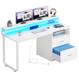 DWVO Office Desk with Drawers, 55" Computer Desk with Power Outlets & LED Light, Home Office Desk with Storage & Monitor Stand, White