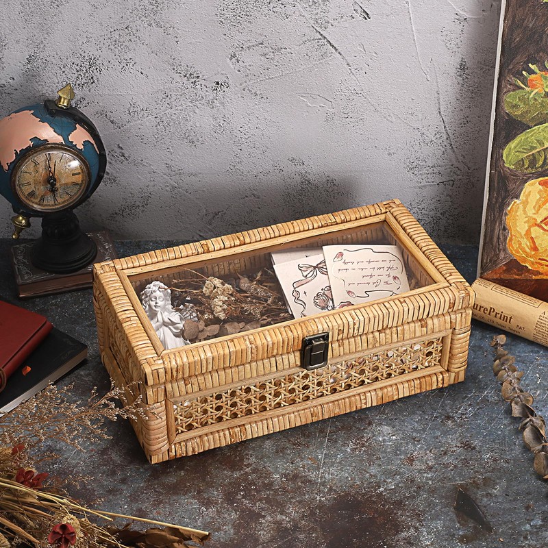 IGNPION Rattan Decorative Box with Lid, Woven Shelf Storage Basket